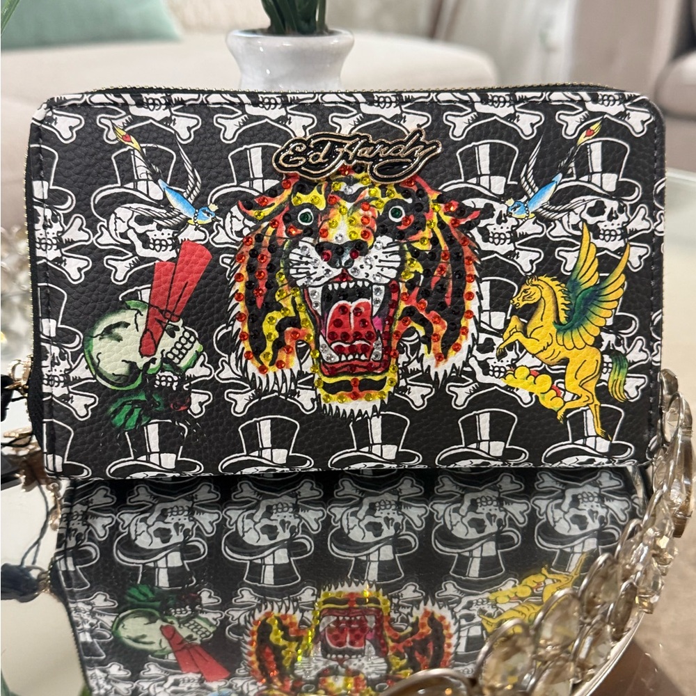 Ed Hardy Black Wallet with Vibrant Tiger and Pegasus Motifs